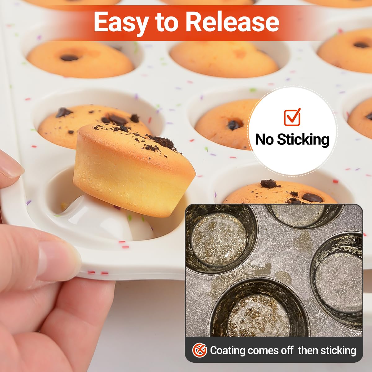 CAKETIME Silicone Muffin Pans for Baking, Metal Reinforced Frame Regular 12 Cups & Mini 24 Cups Cupcake Pan Set Nonstick Muffin Pan for Homemade Baking Easy to Handle