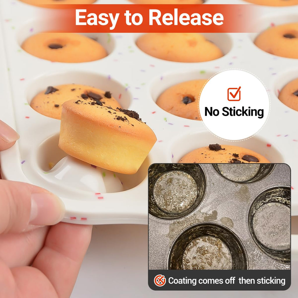 CAKETIME Mini Cupcake Pans, Metal Reinforced Frame Silicone Mini Muffin Pan Nonstick 24 Cups Easy to Handle for Baking Muffins, Cupcakes, Egg Bites 1 Pack