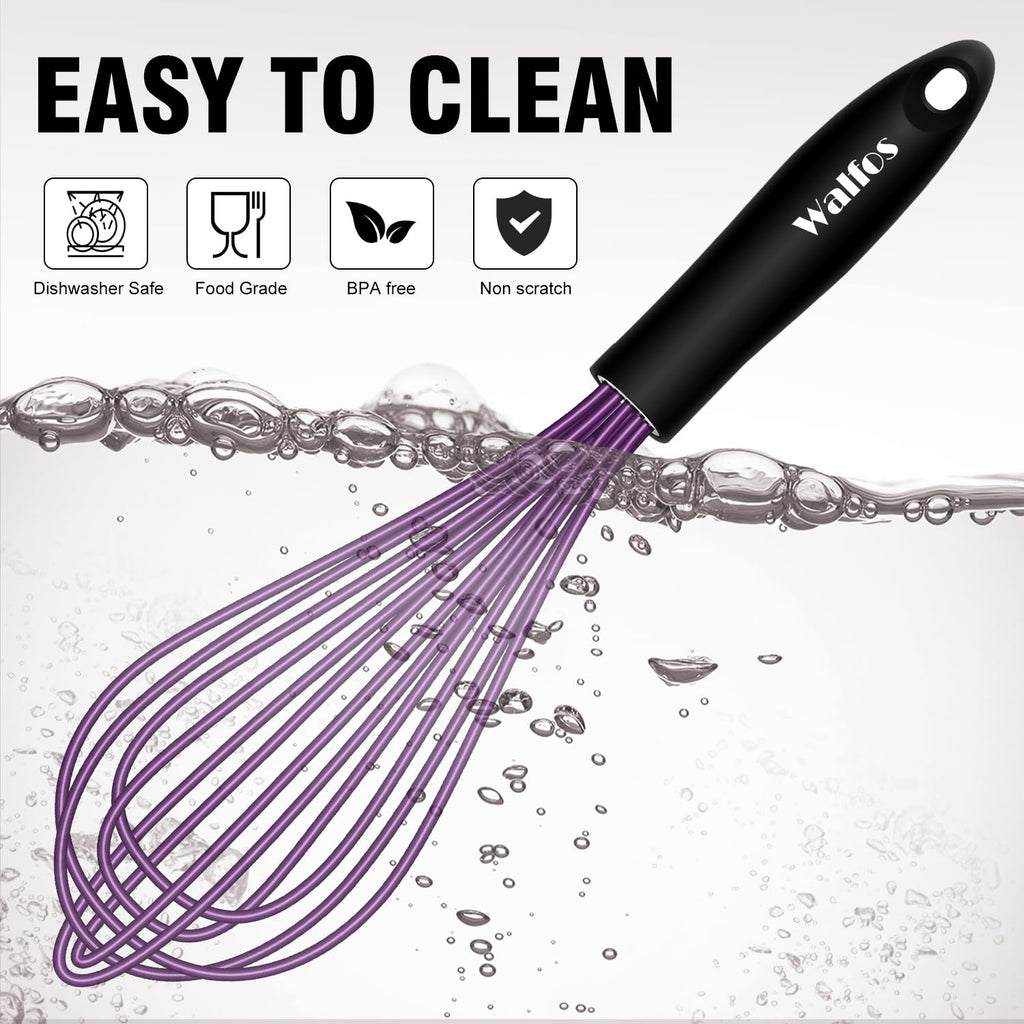 Walfos Whisk, Silicone Whisks Set of 5, Mini Stainless Steel Whisk 7+5in & Non Scratch Coated 7+9+11in Whisks, Suitable for Blending, Whisking, Beating, Frothing & Stirring. (Purple)