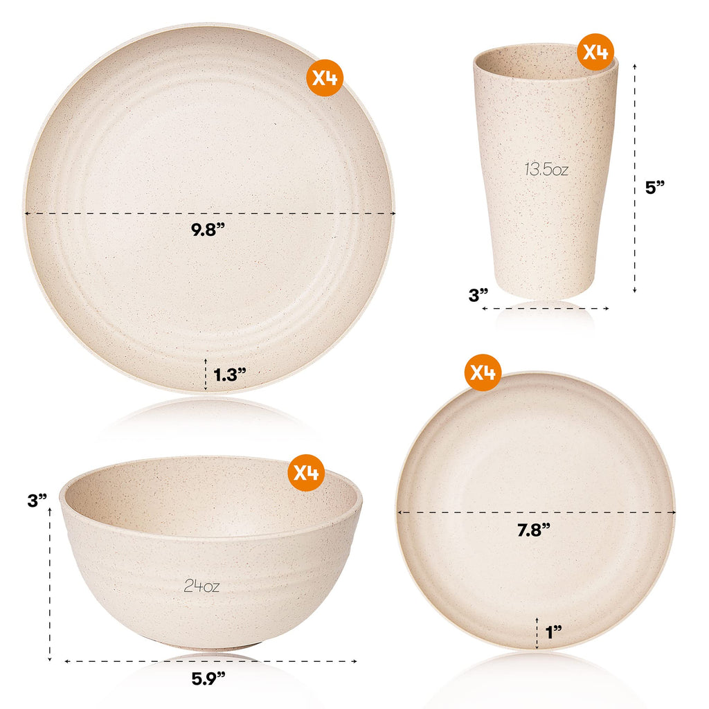 Wheat Straw Dinnerware Sets | Unbreakable Dinnerware Sets | Dishwasher Microwave Safe Dinnerware | Eco Friendly Non Breakable Dinnerware Sets | RV Outdoor Camping (Beige, Service for 4 (16 pcs))