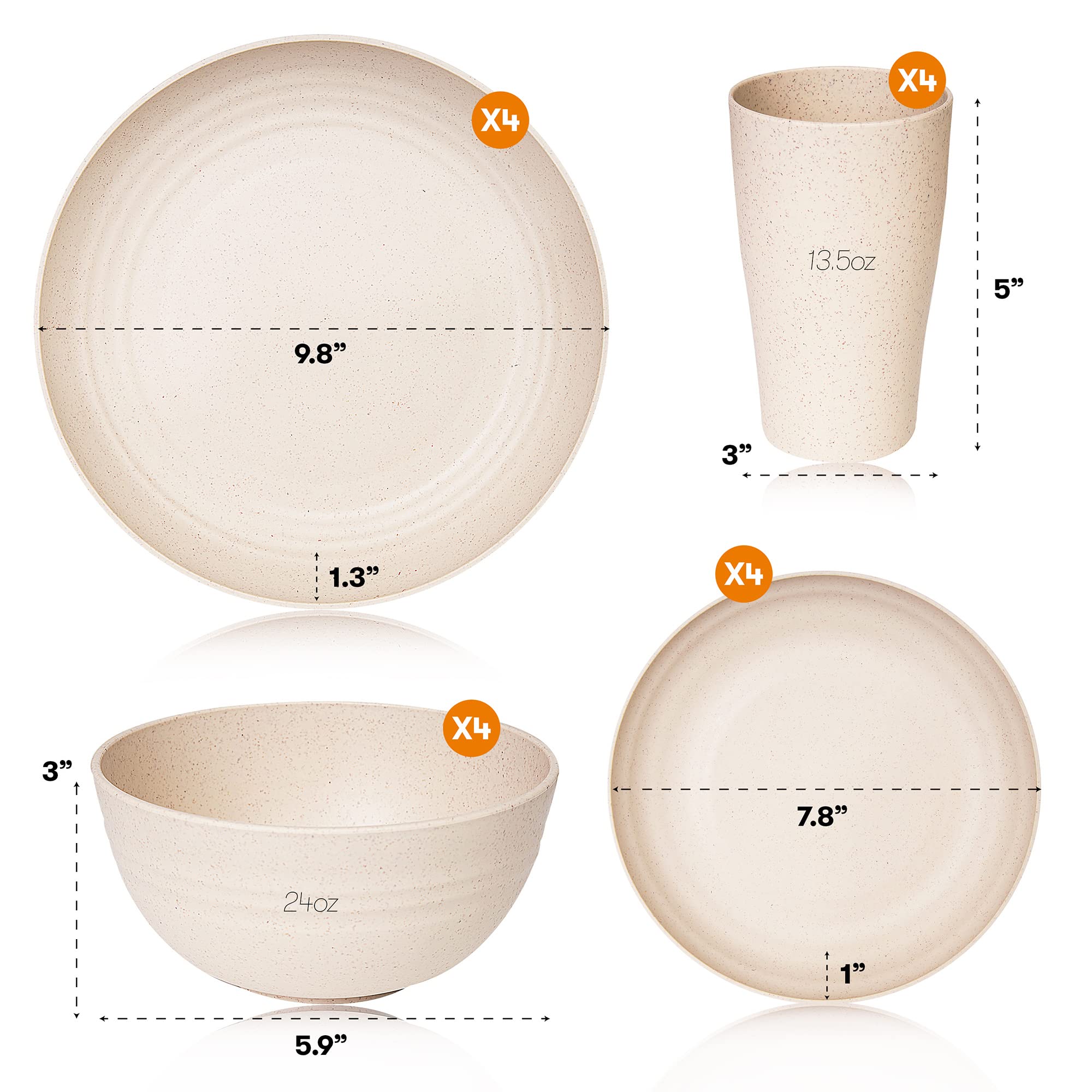 Wheat Straw Dinnerware Sets | Unbreakable Dinnerware Sets | Dishwasher Microwave Safe Dinnerware | Eco Friendly Non Breakable Dinnerware Sets | RV Outdoor Camping (Beige, Service for 4 (16 pcs))