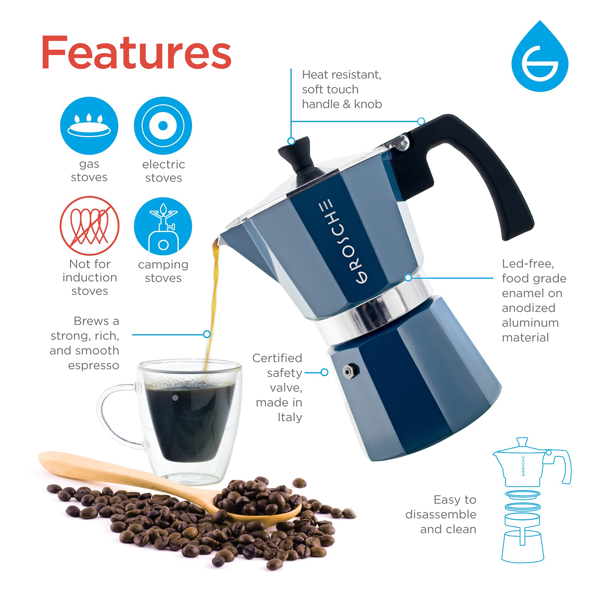 GROSCHE Milano Stovetop Espresso Maker Moka Pot 6 espresso Cup, 9.3 oz Blue