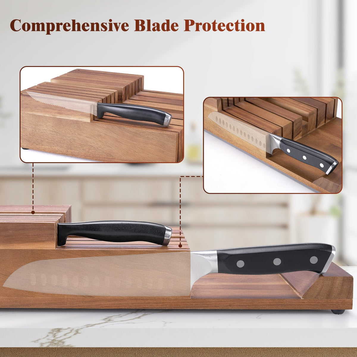 In-Drawer Knife Block without Knives, Acacia Wood Knife Drawer Organizer