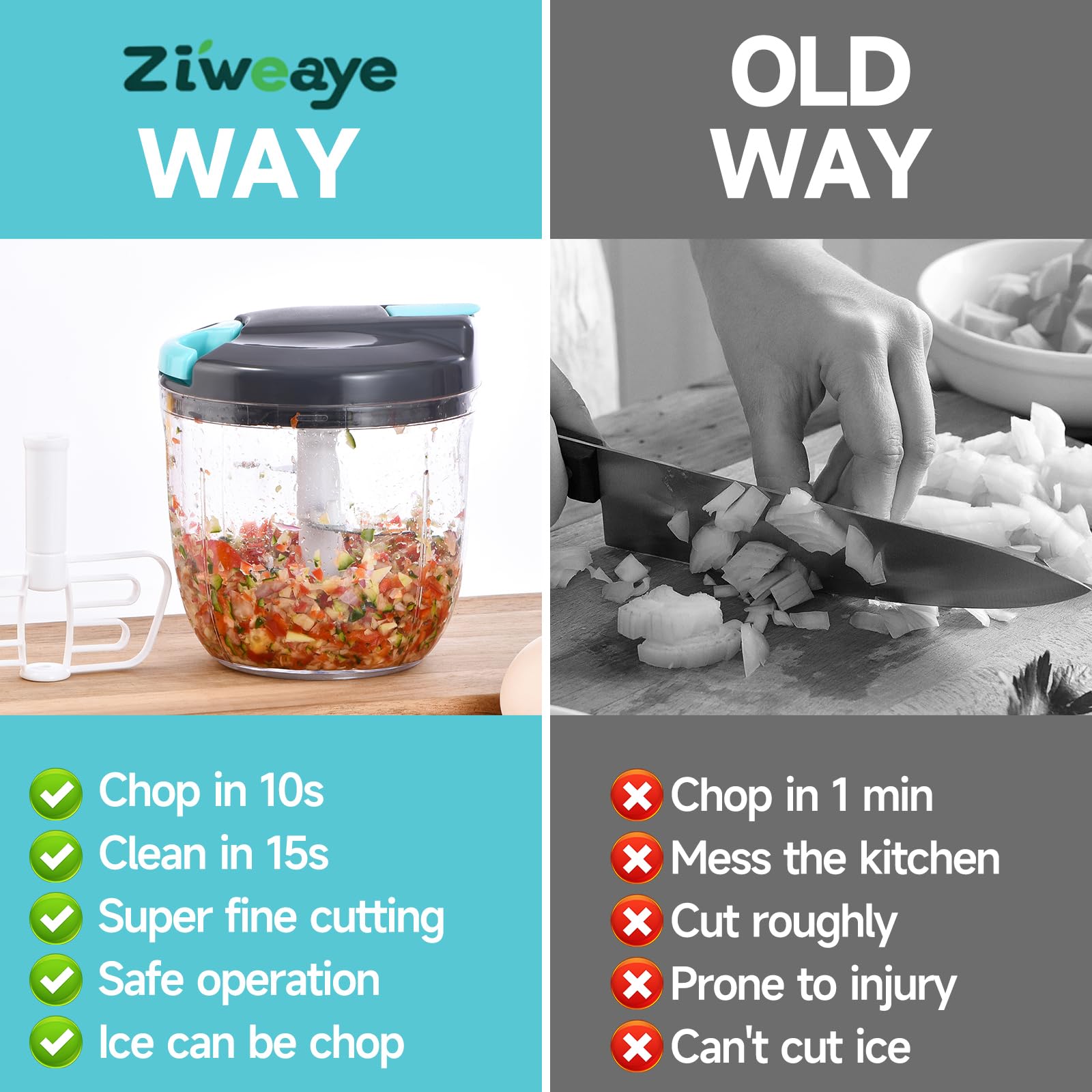 Ziweaye Manual Food Processor Vegetable Chopper, Portable Hand Pull String Garlic Mincer Onion Cutter for Veggies, Ginger, Fruits, Nuts, Herbs, etc., （900ml,Gray-blue）