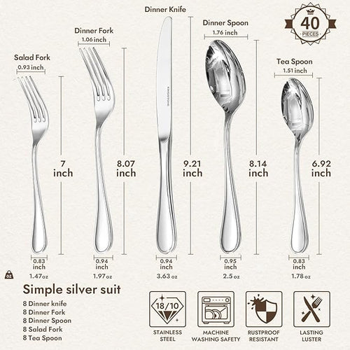 18/10 Stainless Steel Silverware Set for 8, 40 Piece Teardrop Flatware Set