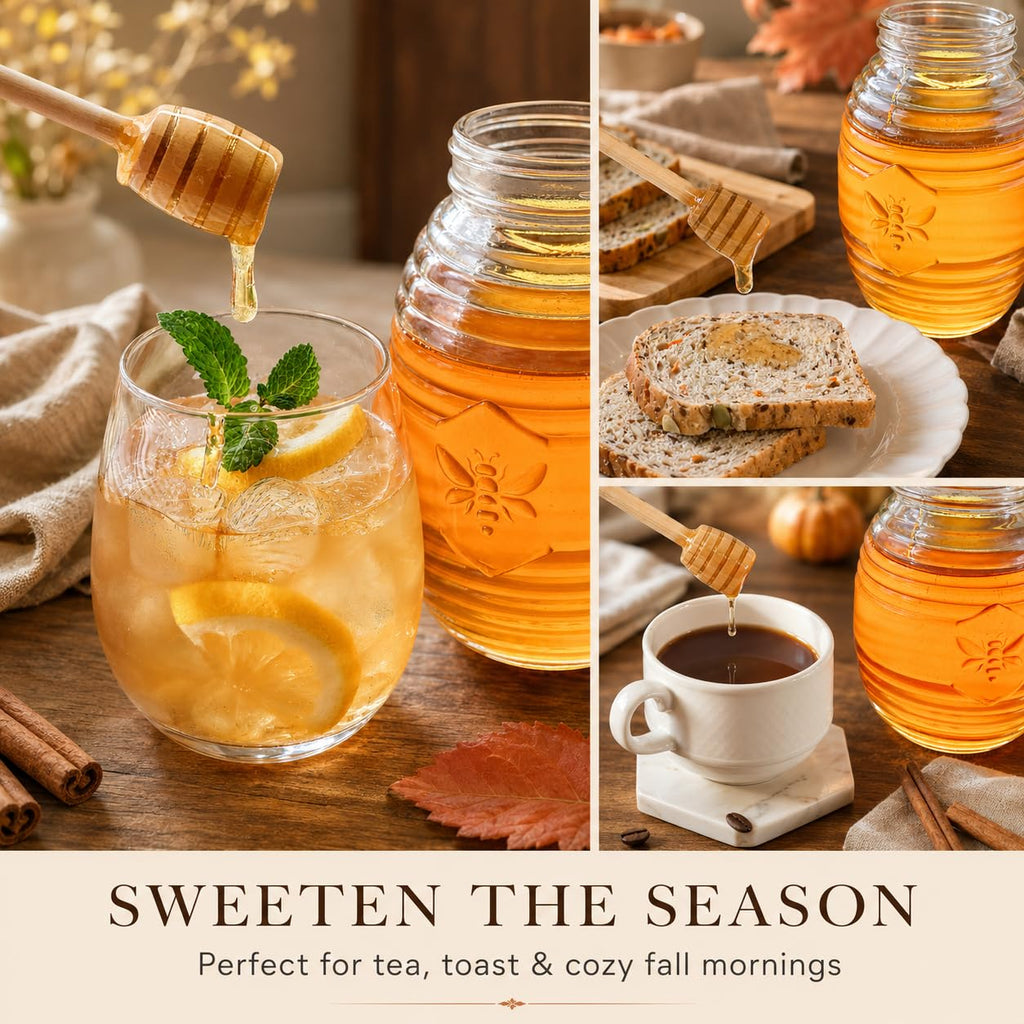 Kate Aspen 24oz. Bee Hive Shaped Honey Glass Mason Jar with Two Wooden Honey Dippers, Bamboo & Metal Lid, Kitchen Decor, Bumblebee Baby Shower Prize, Take Home Gift, Bee Decorations