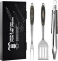 Grilaz Stainless Steel BBQ Tool Set with Veined-Dyed Wooden Handles | Heavy Duty Grilling Accessories | 3-Piece Outdoor Barbecue Grill Utensil Set with Spatula, Fork, and Tongs - Ideal Gift for Men…