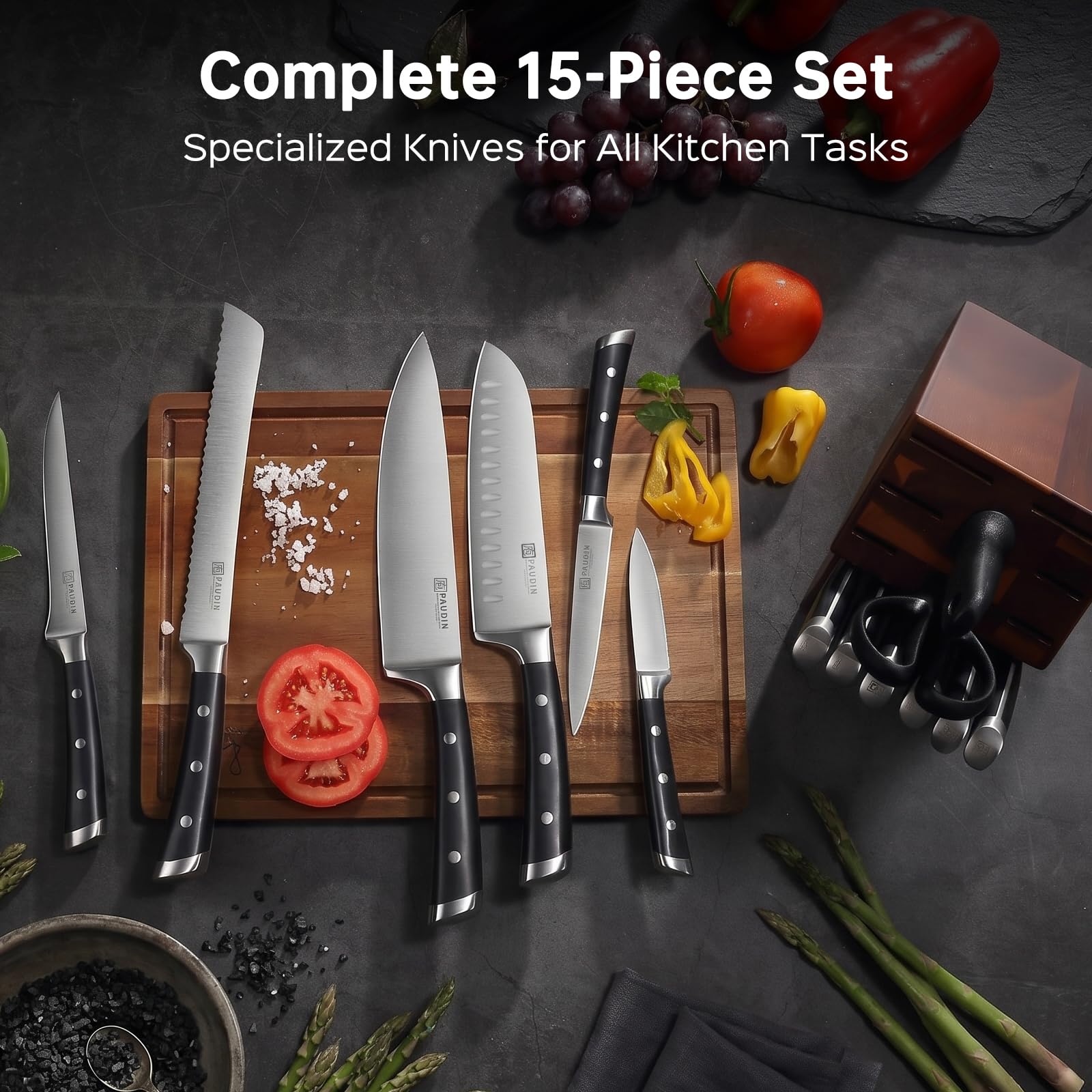 PAUDIN Knife Block Set, 15 Pieces Knife Set with Block, High Carbon Stainless Steel Kitchen Knife Set with Sharpener, Knives Set for Kitchen with Full Tang Triple Rivet Handle