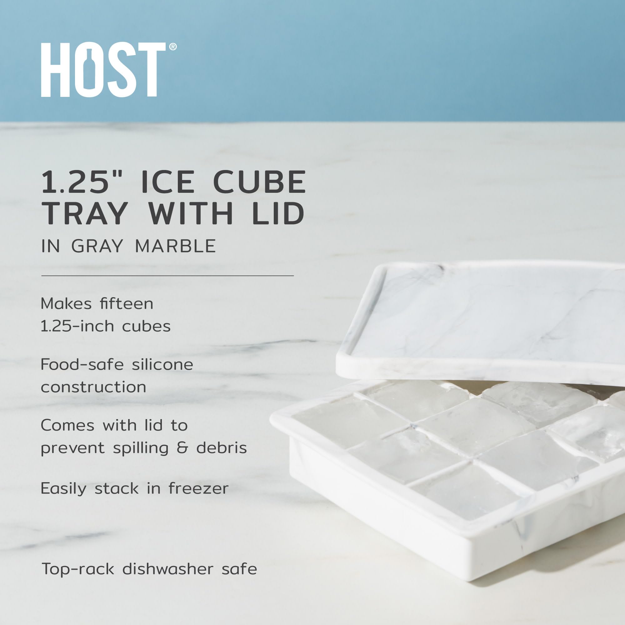 Host Ice Cube Tray with Lid, Makes 15 1.25" Cubes, Durable Silicone Trays, Perfect for Cocktails, Beverages, Mocktails, Iced Coffee, Tea, Infused Water, Kitchen Essentials, Set of 1, Marble