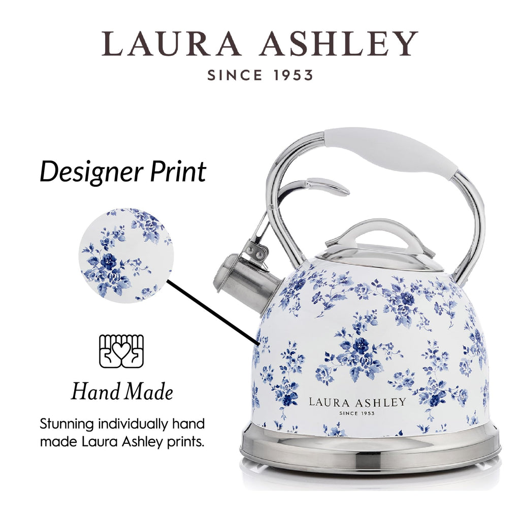 Laura Ashley China Rose Stovetop Kettle with Whistle - 2.5L Fast Boil Stainless Steel Kettle Stove Top - Silicon Coated Cool Handle Camping Kettle for Gas, Induction Hob - Compatible with Aga Stove