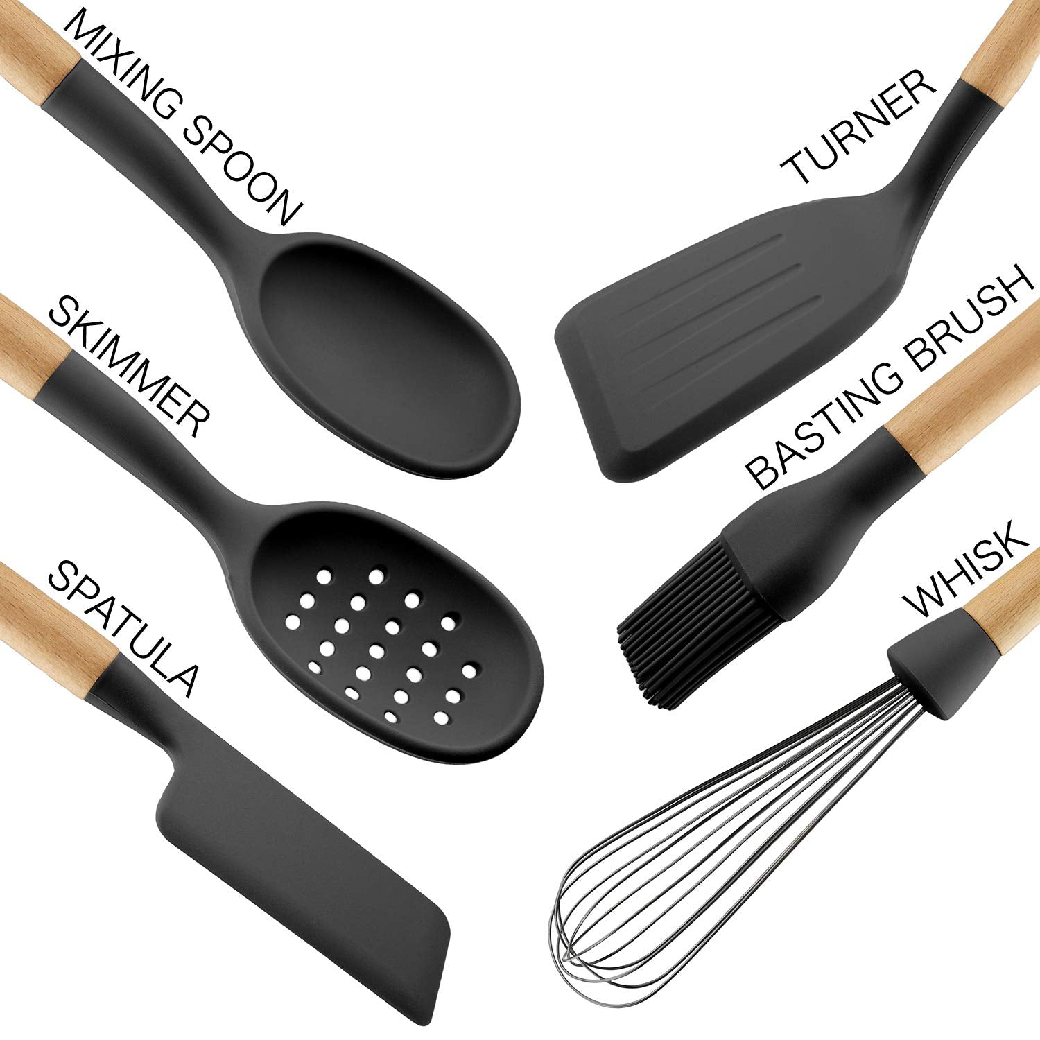 Country Kitchen Non Stick Silicone Utensil Set with Rounded Wood Handles for Cooking and Baking, 6 Piece Set, Black