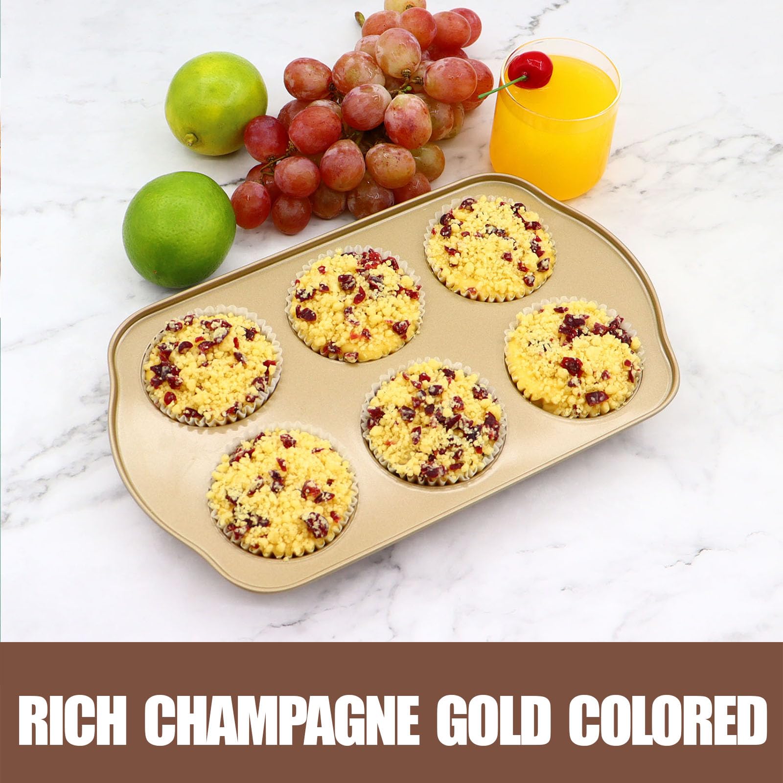 JOHO BAKING Jumbo Muffin Pan 2 Pack, Nonstick Large Cupcake Pan 6 Cup, Heavy Duty 0.5mm Thick Steel Big Muffin Tins for Baking, 3.5inch Dia, Gold