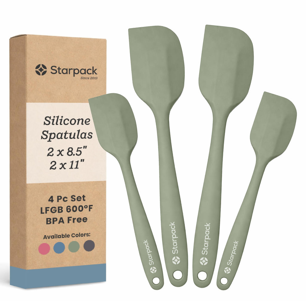 Starpack 'Scrape and Stir' Silicone Rubber Spatula Set (4-Piece) - LFGB Non Toxic, 600°F Heat Resistant, BPA-Free, One-Piece Kitchen Baking Spatulas - Dishwasher Safe for Nonstick Cookware Sage Green
