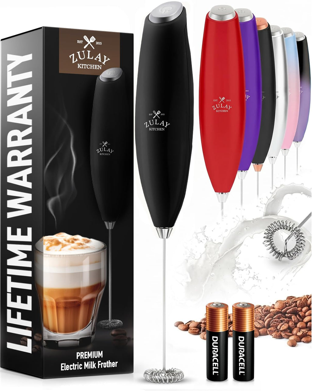 Zulay Kitchen Powerful Milk Frother Wand With Duracell Batteries - Ultra Fast Handheld Drink Mixer - Electric Whisk Foam Maker for Coffee, Lattes, Cappuccino & Matcha - Z1 Motor - Aqua