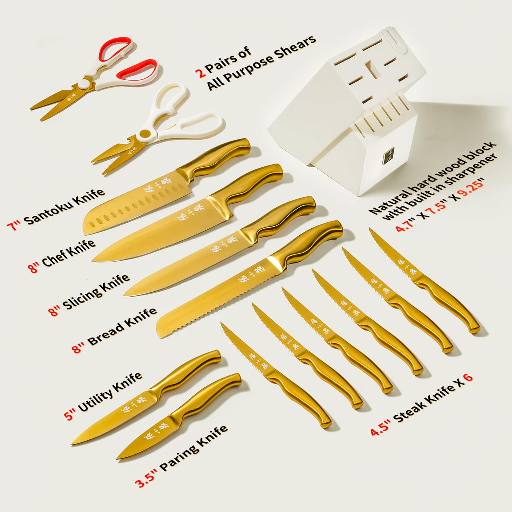 ZHANG XIAO QUAN Gold Knife Set with White Block, High Carbon Stainless Steel Sharp Blades, Built-in Sharpener Kitchen Knife Block Set for Home Cooking