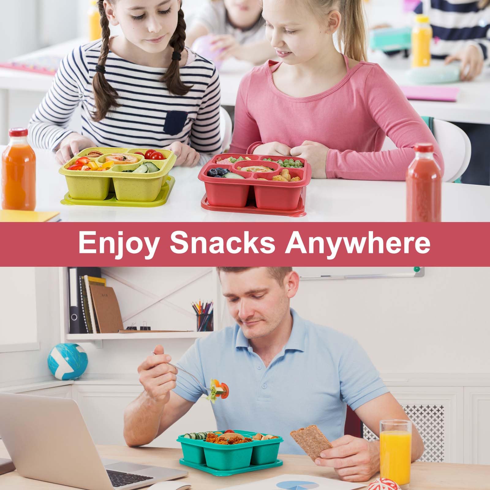 Caperci Original Bento Snack Box Containers - Reusable 5-Compartment Lunchable Food Storage Containers for School, Work and Travel, BPA-Free, Set of 4 (Jewel Bright)