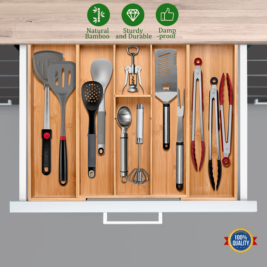 guiogc Bamboo Silverware Organizer, Expandable Kitchen Drawer Organizer and Utensil Organizer, Cutlery Tray with Drawer Dividers for Kitchen Utensils and Flatware, Bedroom, Living Room (Natural)