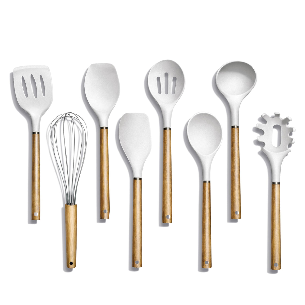Country Kitchen Non Stick Silicone Utensil Set with Rounded Wood Handles for Cooking and Baking, 6 Piece Set, Black