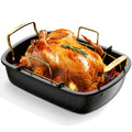 Nonstick Roasting Pan with Rack, 17" x 13" Large Turkey Roaster Pan, Oven Roasting Pan, Roaster Pan for Turkey, Chicken, Vegetable, Gold & Black