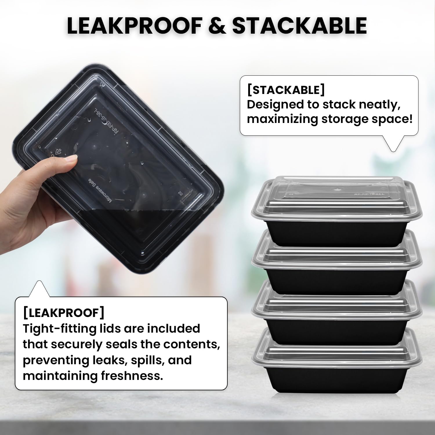 Klex 16 Oz, 50 Sets Meal Prep Containers with Airtight Lids, BPA Free, Reusable Plastic Food Container, 16 oz, Rectangular, Black/Clear, 50 Sets