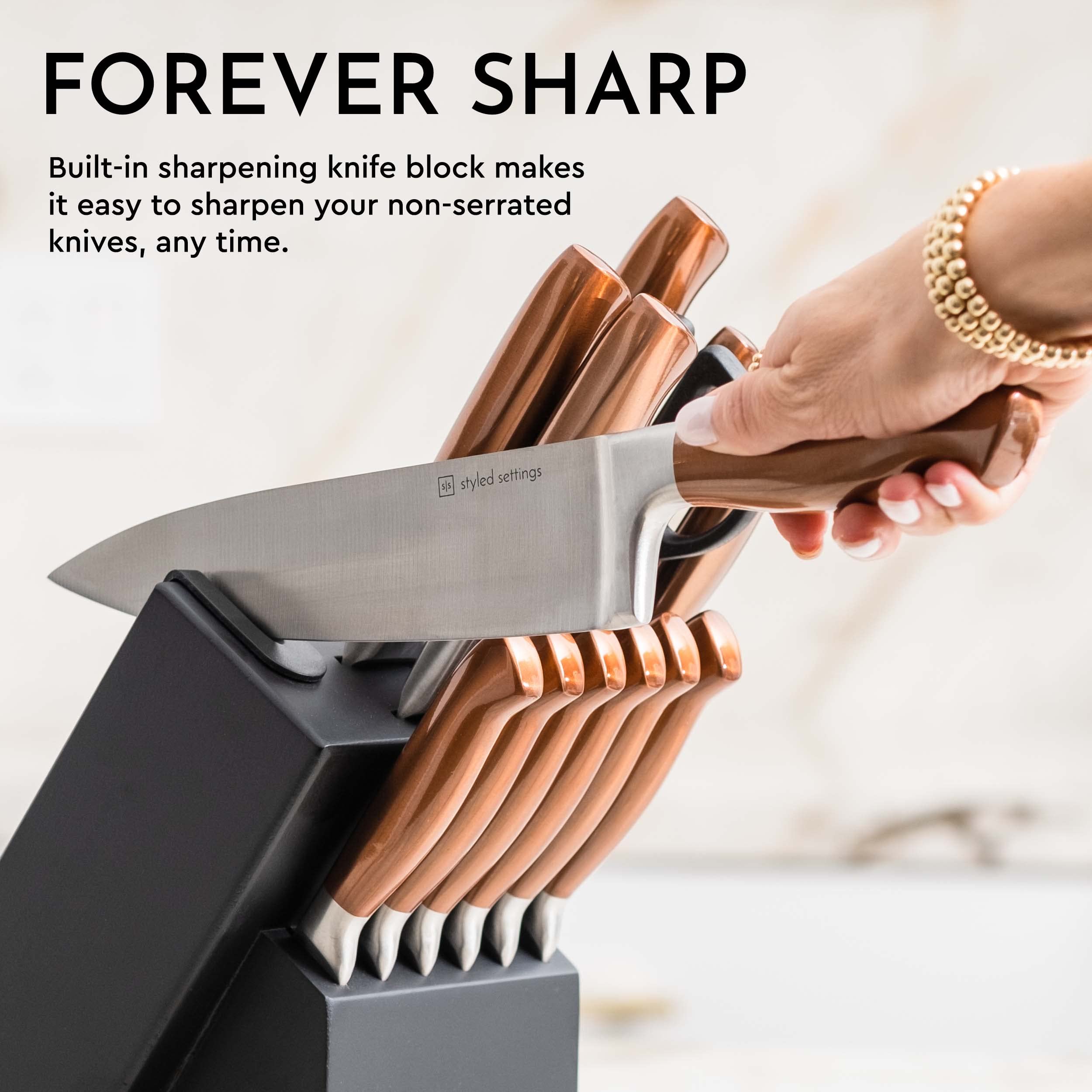 Styled Settings Copper Knife Set with Block & Built-In Sharpener, 14-Piece