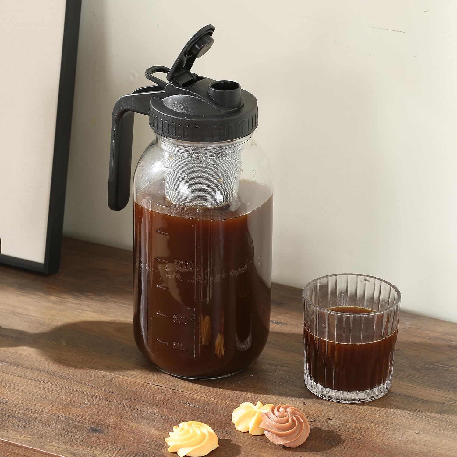 Cold Brew Coffee Maker Pitcher 64-ounce Glass Wide Mouth Mason Jar with Stainless Steel Filter and Pour Spout Handle Lid (Black, 64Ounce)