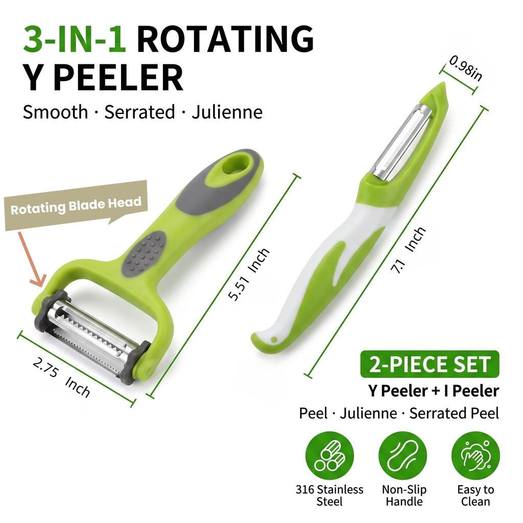 Vegetable Peeler Set, 2PCS Y & I Peeler for Kitchen, 4-in-1 Multifunctional Rotary Blade Julienne Peeler, Stainless Steel Potato Peeler for Fruits and Vegetables, Non-Slip Handle