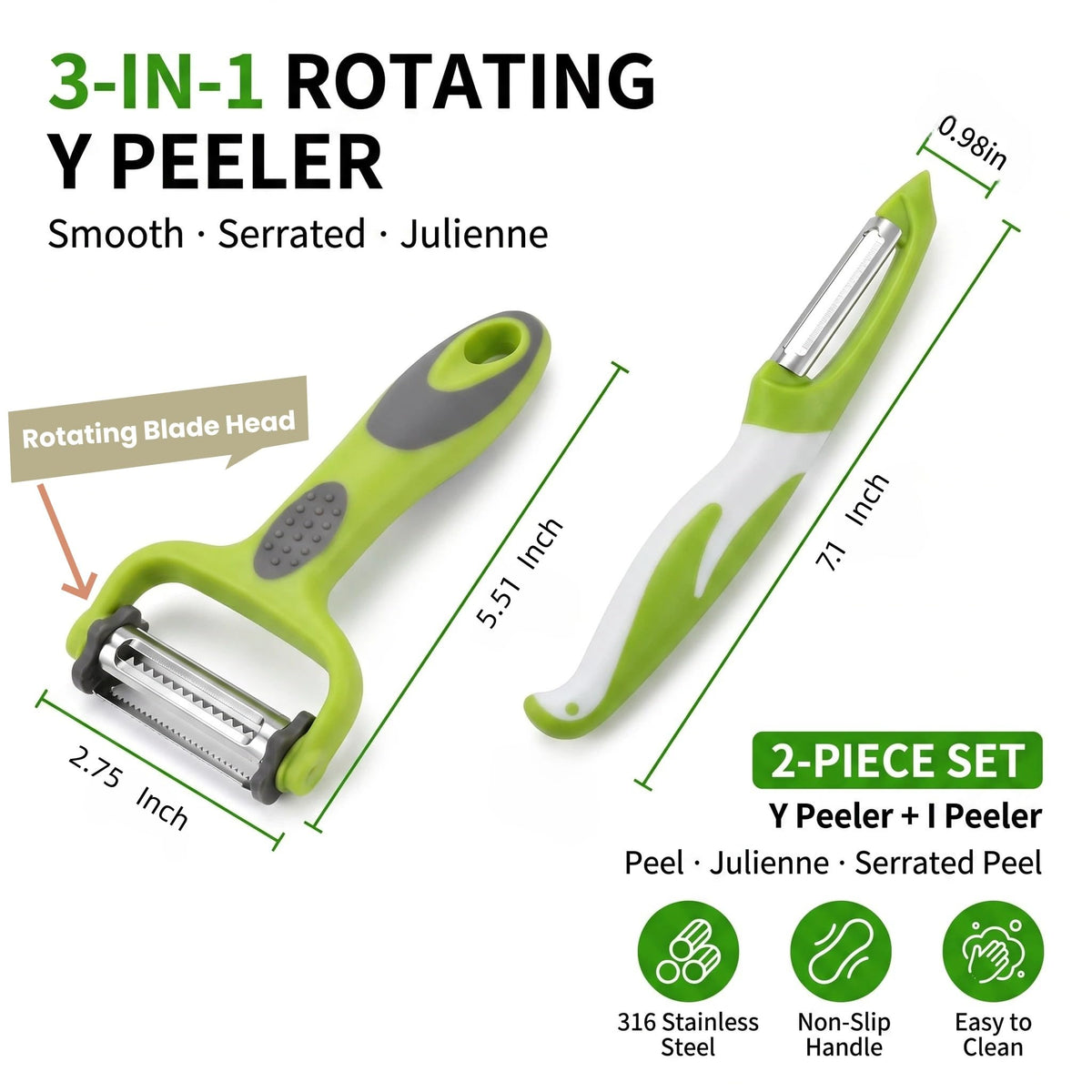 Vegetable Peeler Set, 2PCS Y & I Peeler for Kitchen, 4-in-1 Multifunctional Rotary Blade Julienne Peeler, Stainless Steel Potato Peeler for Fruits and Vegetables, Non-Slip Handle