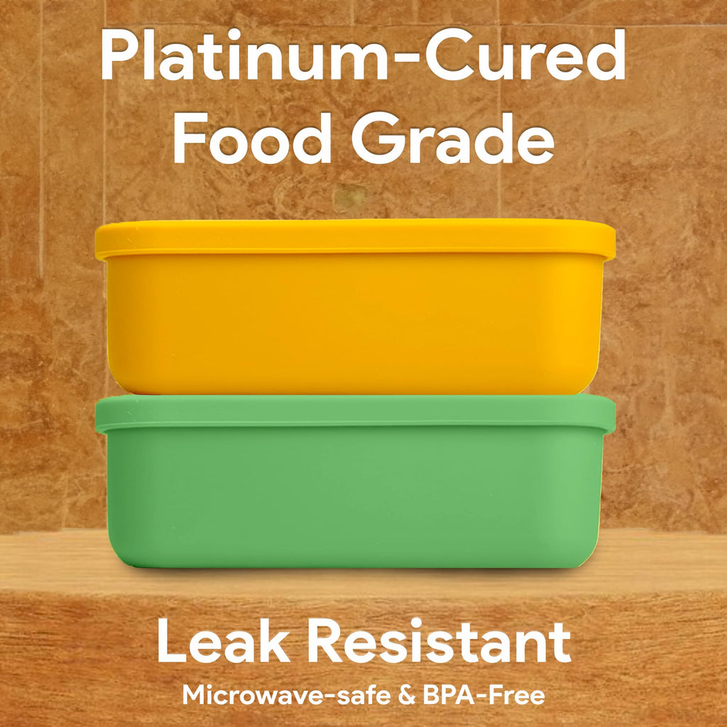 Versatyle Platinum Silicone Bento Lunch Box Set of 2 – 3 Compartments, Leakproof, Versatile, Durable, Microwave & Freezer Safe, Meal Prep, Food Storage for All Ages (Watermelon Green & Gold Honey)