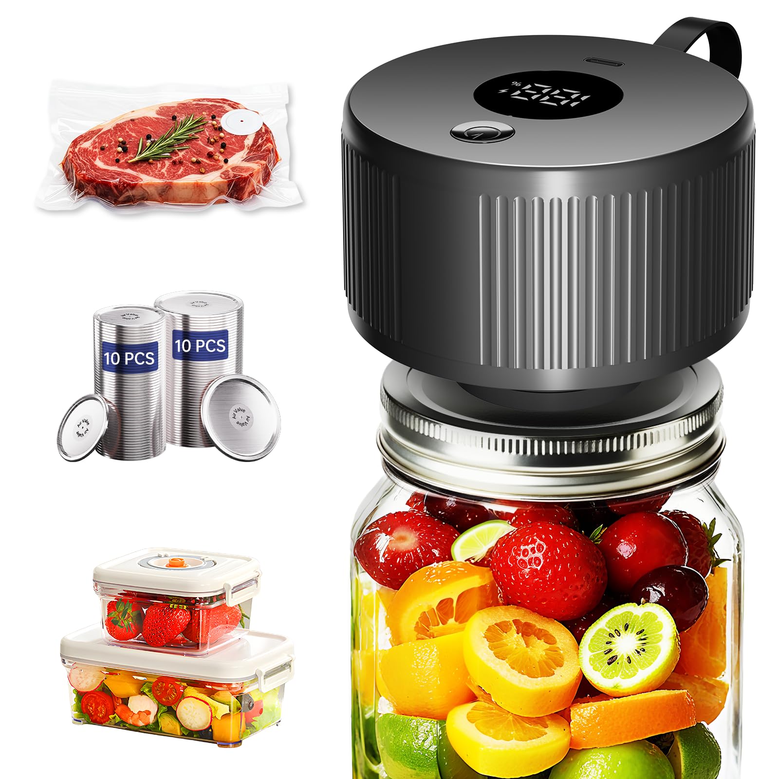 Electric Mason Jar Vacuum Sealer Kit, 3-in-1 Handheld Jar Sealer, Black