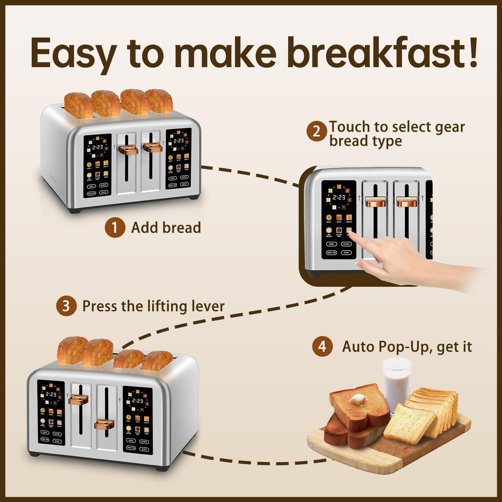SEEDEEM 4-Slice Touchscreen Toaster, Stainless, 7 Shade, 1800W, Silver
