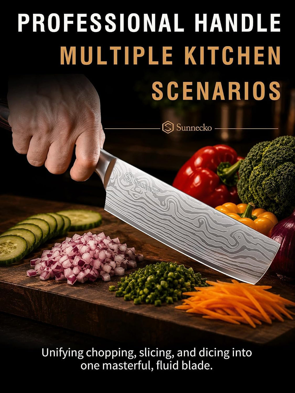 Sunnecko Nakiri Knife - 11.5" Kitchen Knife for Meat Cleaver and Vegetable Chopping, 12° Edge Razor Sharp High Carbon Stainless Steel Asian Chef Knife with Sheath, Kitchen Gift for Home Cooks Men