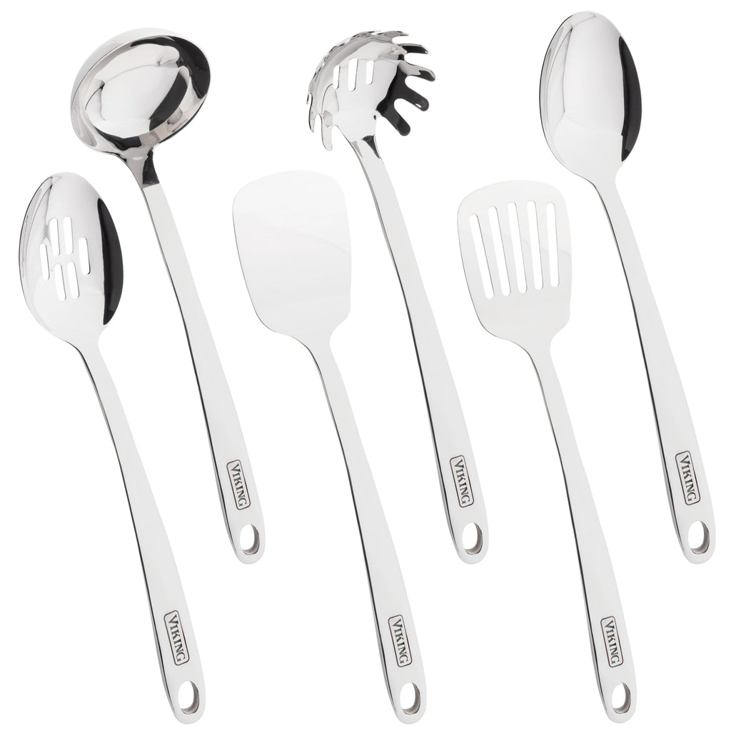 Viking Kitchen Utensils Set, 6 Piece Stainless Steel Cooking Utensil Set, Includes Spatulas, Spoons, Pasta Fork, and Deep Ladle, Hollow Forged, Silver