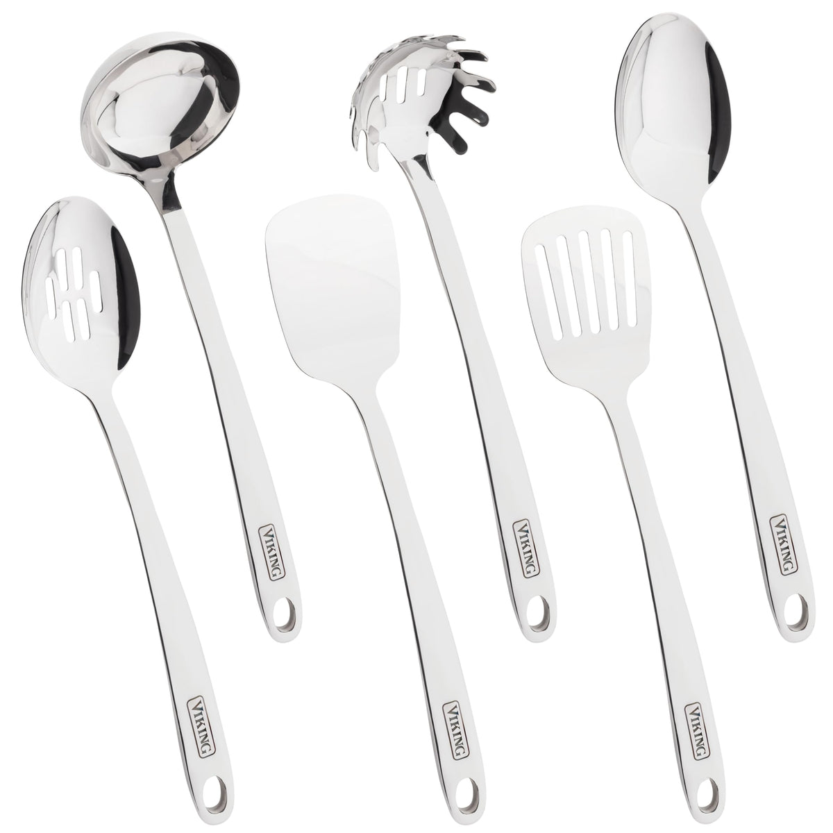 Viking Kitchen Utensils Set, 6 Piece Stainless Steel Cooking Utensil Set, Includes Spatulas, Spoons, Pasta Fork, and Deep Ladle, Hollow Forged, Silver