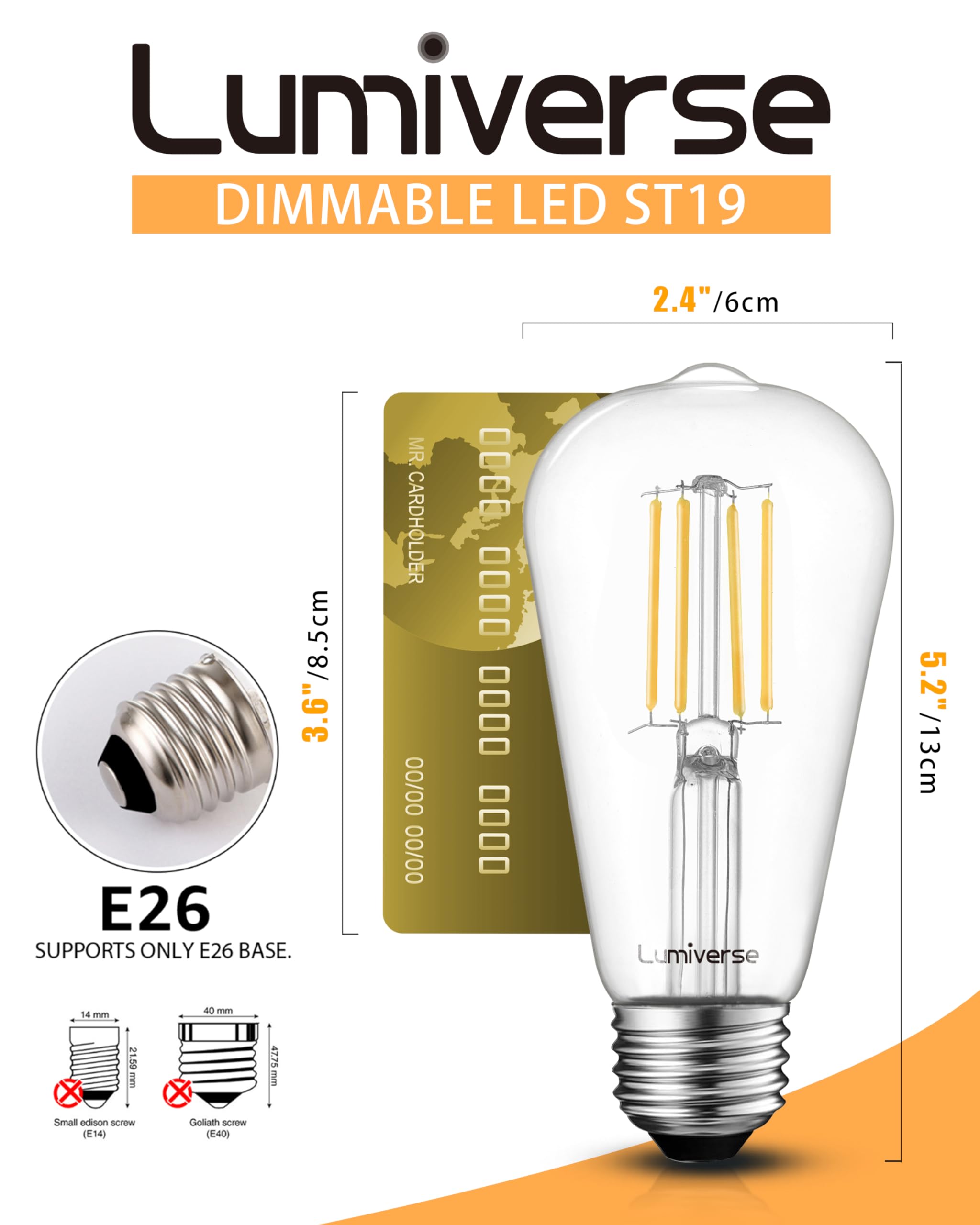 Lumiverse 60 Pack E26 led Bulb 60 watt dimmable Vintage LED Edison Bulbs 5.5W, 60W Equivalent, 2700K Soft White, Antique Style ST19/ST58 LED Light Filament Bulbs, CRI 90+, E26 Base
