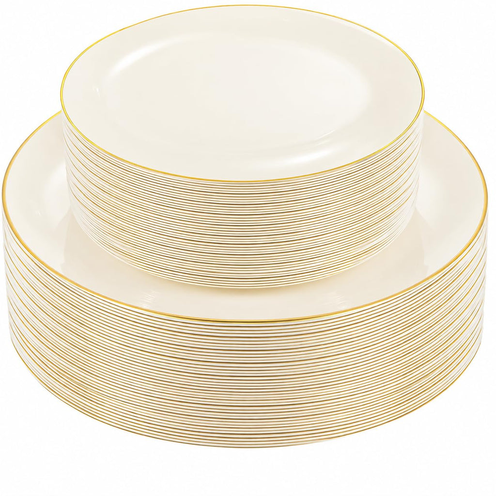 PULOTE 200 Pieces White Plastic Plates Disposable - Include 100PCS 10 inch Dinner & 100PCS 7 inch Dessert Plates, Ideal for Party & Wedding