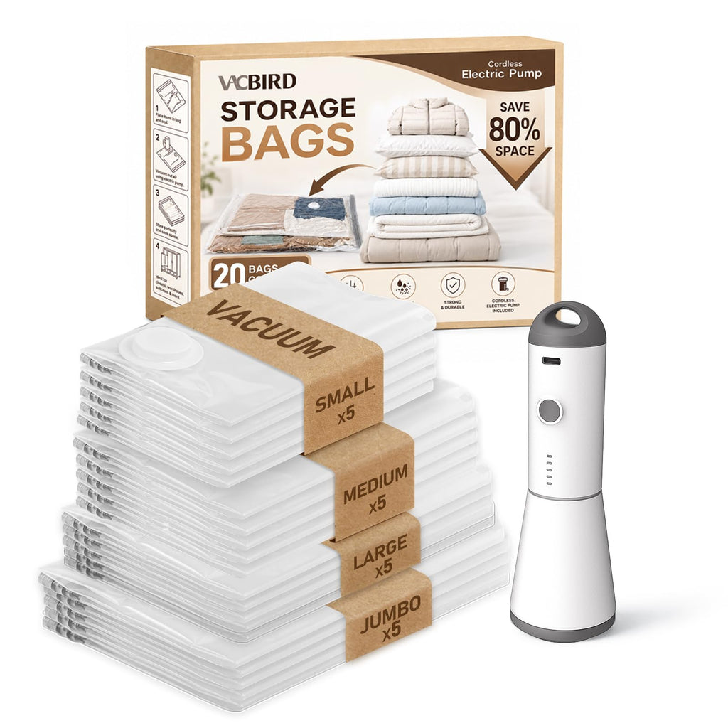 Vacbird Vacuum Storage Bags for Clothing Travel, 10 Pack Vacuum Bags with Rechargeable Cordless Air Pump(2 Large+4 Medium+4 Small), Compression Packing for Clothes Blanket Suitcase Luggage