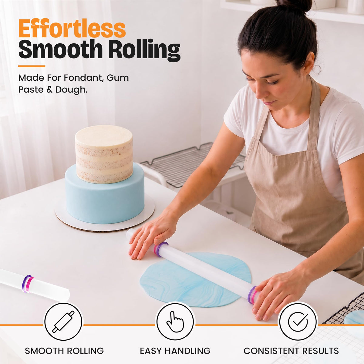 Bakerpan Fondant Roller Set - 3 Rolling Pins with Thickness Guide Rings
