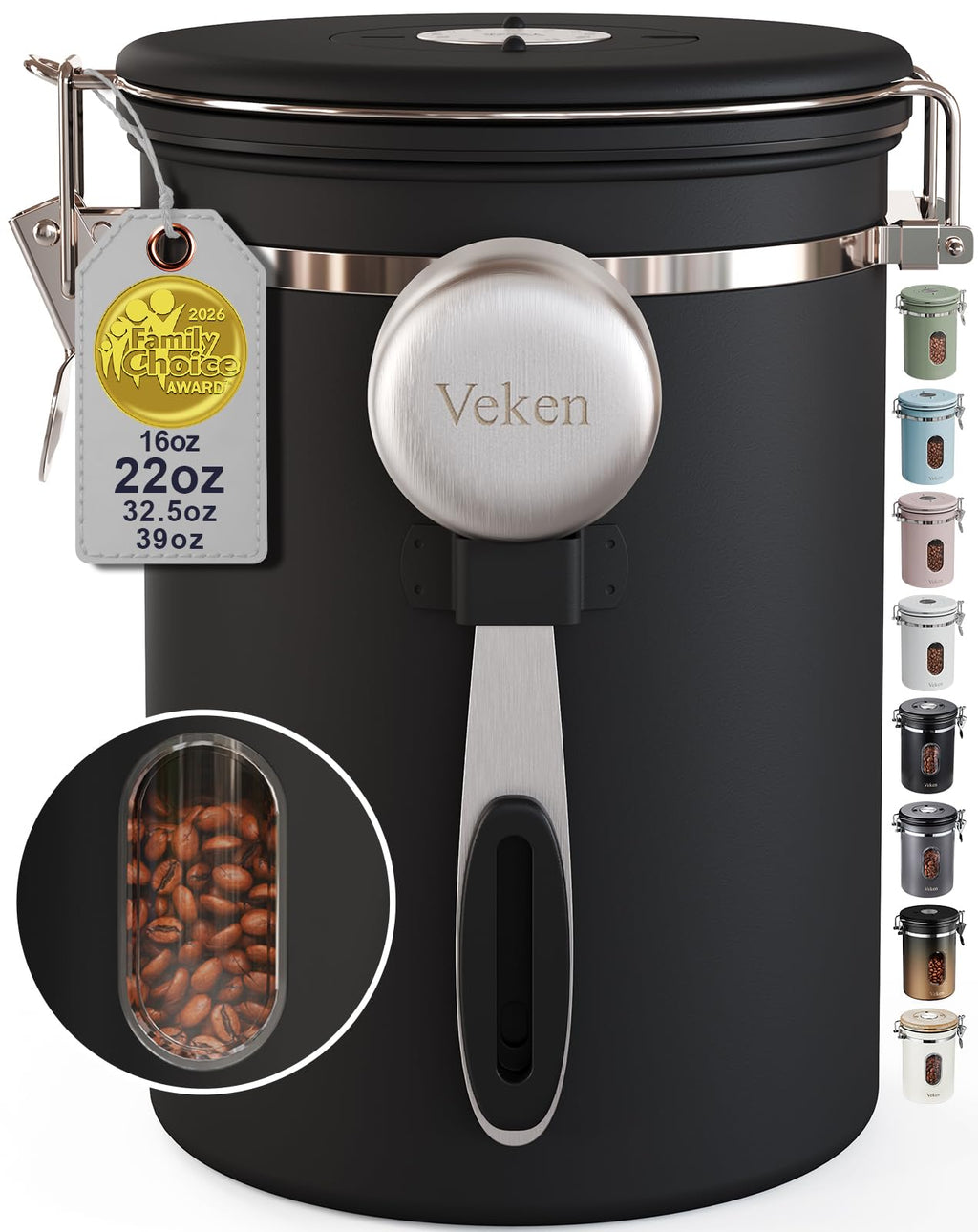 Veken Coffee Canister with Window,Airtight Stainless Steel Compact Jar,16OZ
