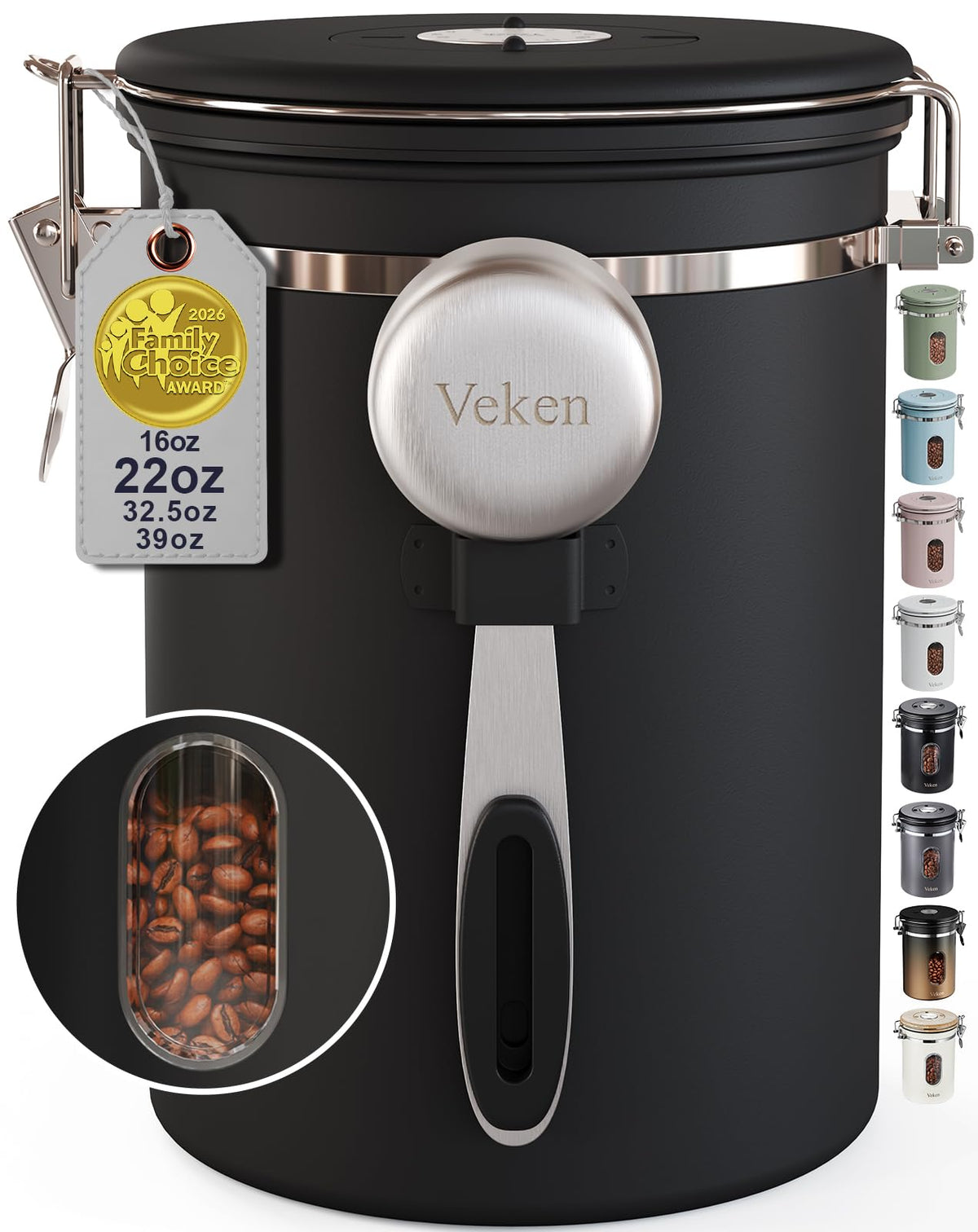 Veken Coffee Canister with Window,Airtight Stainless Steel Compact Jar,16OZ