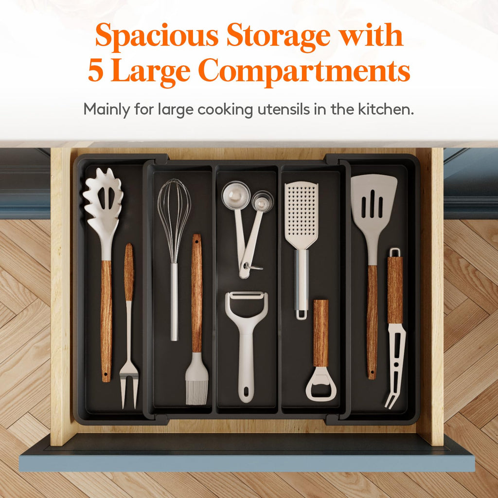 Lifewit Utensil Organizer for Kitchen Drawers, Expandable Cooking Utensil Tray, Adjustable Cutlery Silverware Flatware Holder, Plastic Spatula Tools Storage Divider, 11-18 x 14", Black