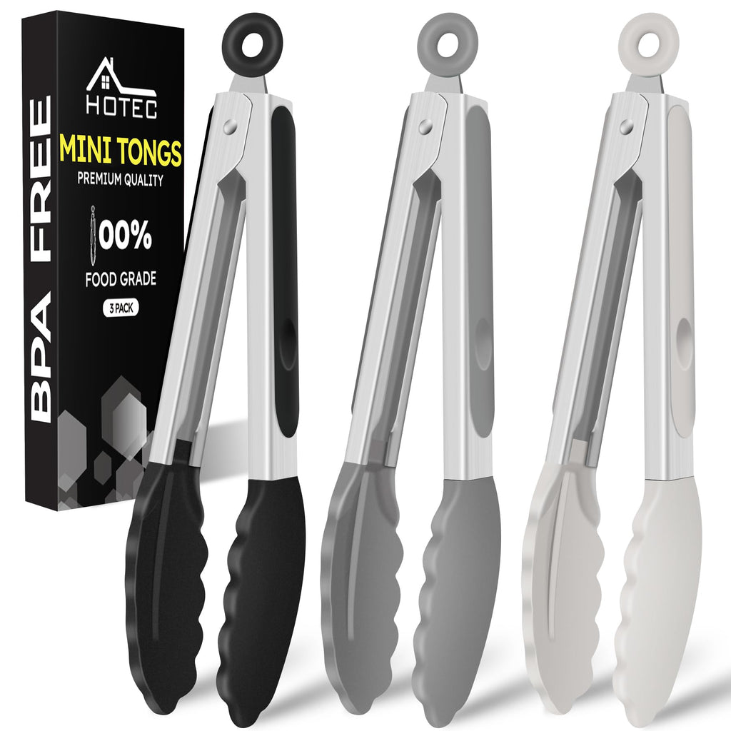 HOTEC Small Silicone Kitchen Tongs 7-Inch Mini Serving Tongs, Set of 3