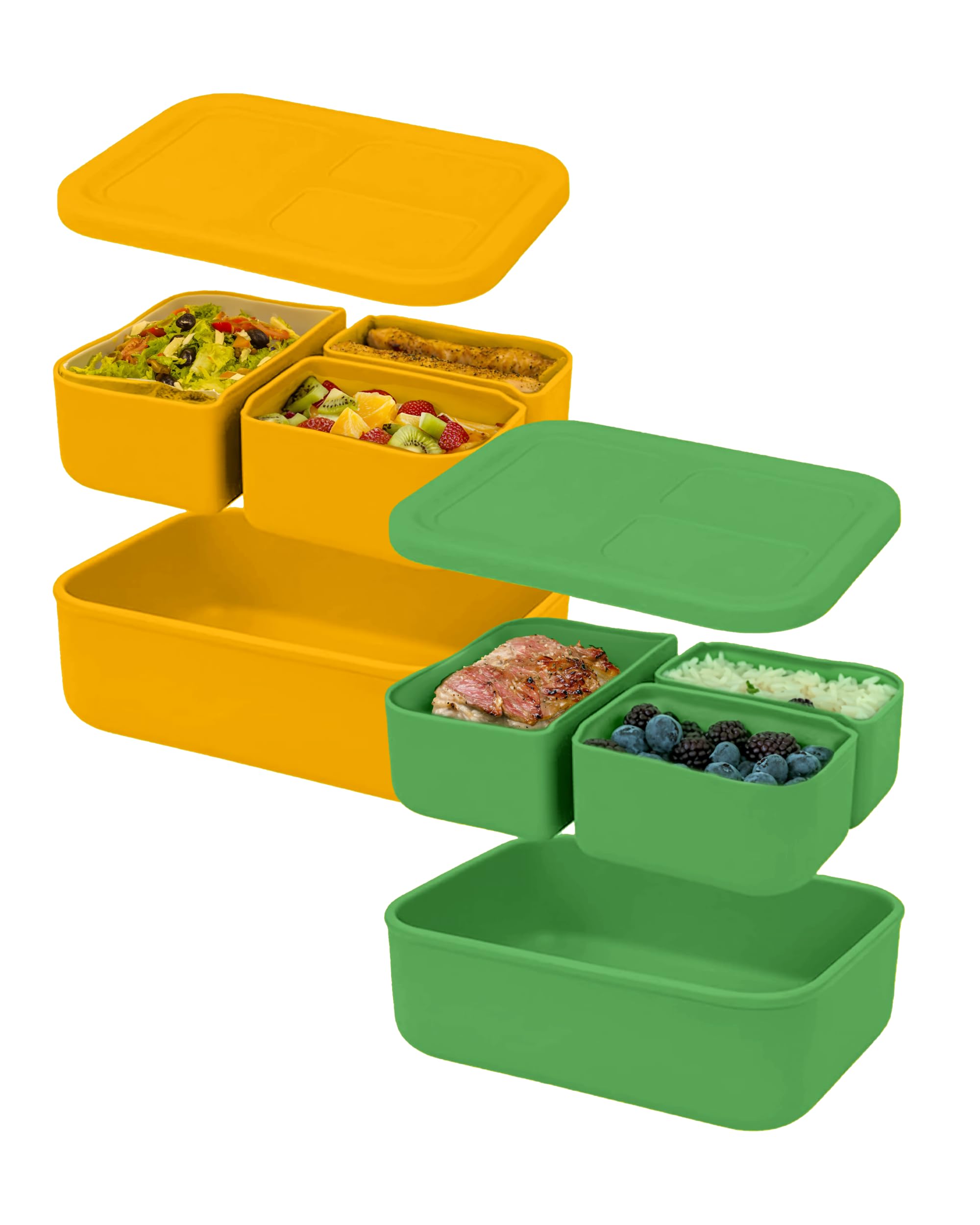 Versatyle Platinum Silicone Bento Lunch Box Set of 2 – 3 Compartments, Leakproof, Versatile, Durable, Microwave & Freezer Safe, Meal Prep, Food Storage for All Ages (Watermelon Green & Gold Honey)