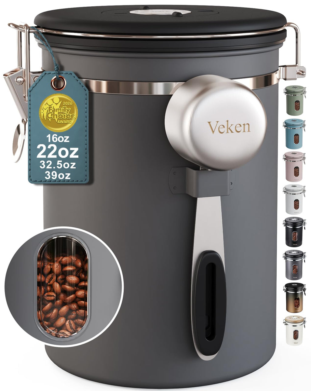 Veken Coffee Canister with Window,Airtight Stainless Steel Compact Jar,16OZ