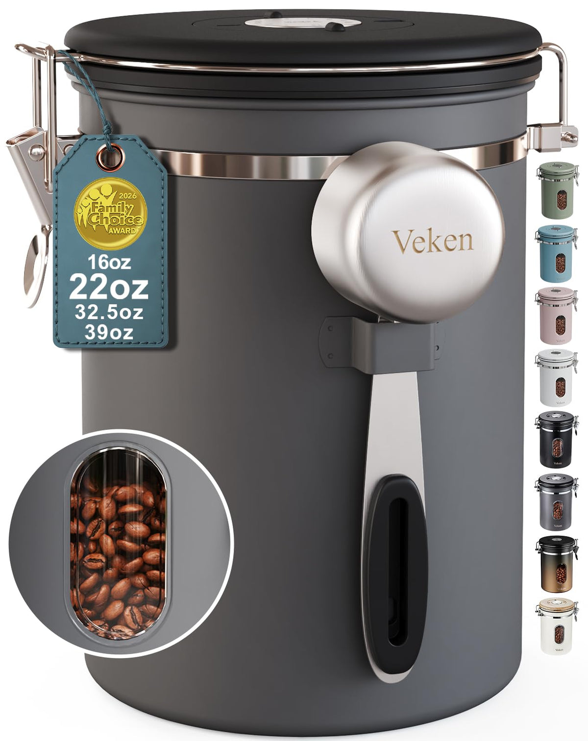 Veken Coffee Canister with Window,Airtight Stainless Steel Compact Jar,16OZ