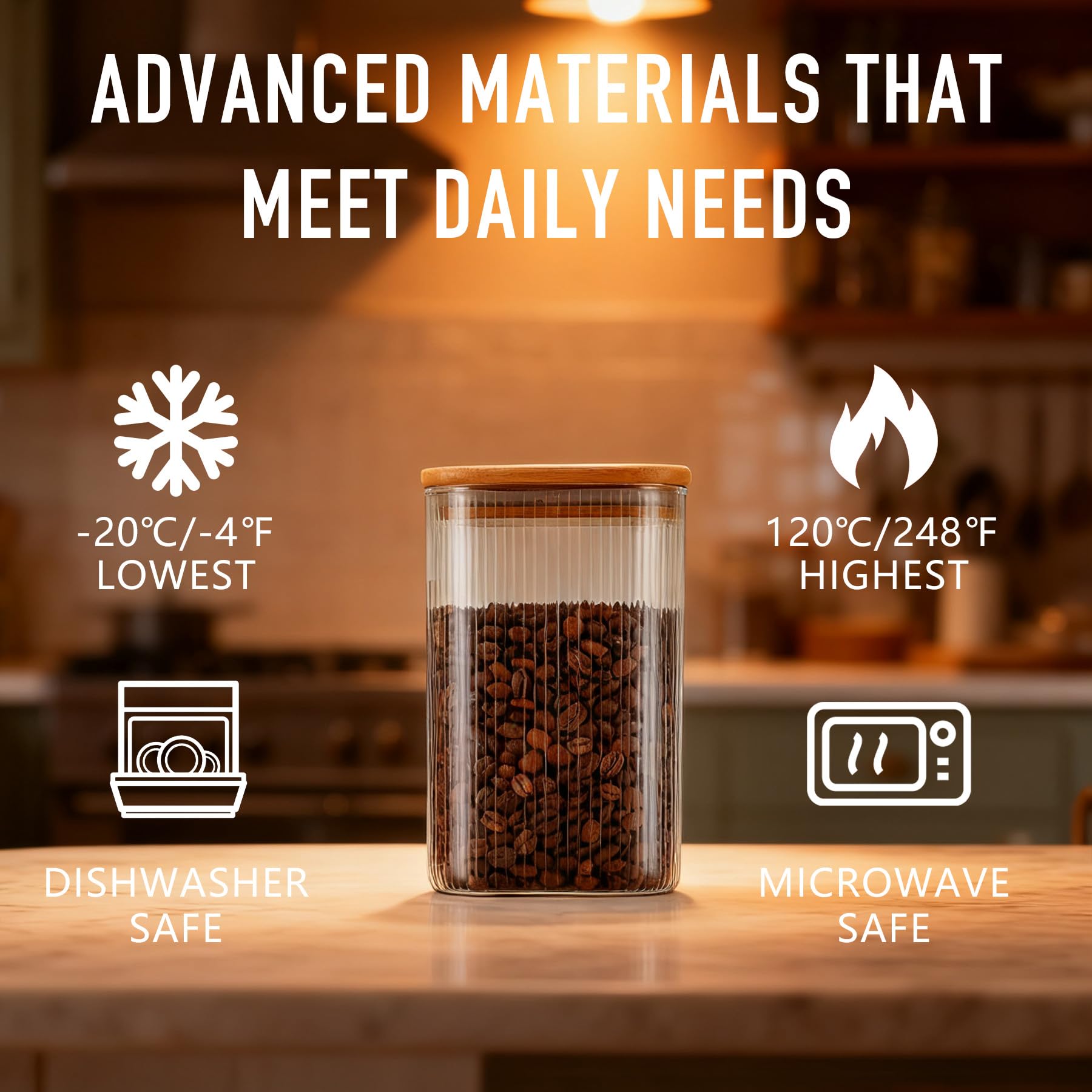 D2scrma 37oz Airtight Glass Square Storage Canisters with Bamboo Lids Set of 4 (1100ml) Striped Stackable Containers, Decorative Kitchen Jars for Tea, Nuts and Coffee (‎with Black Lable)