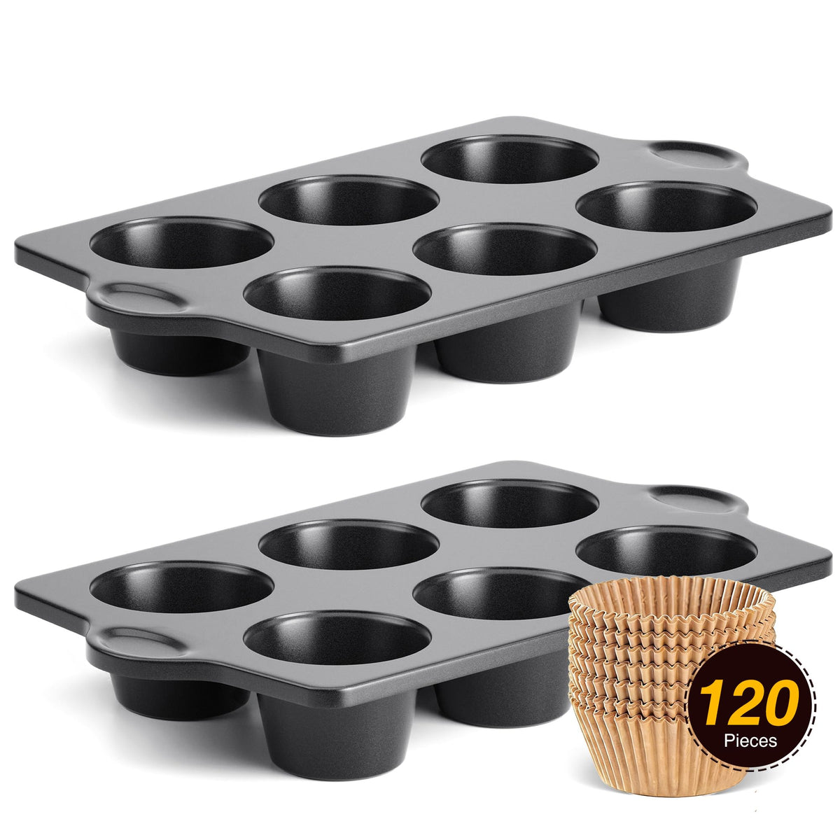 HONGBAKE Muffin Pans for Baking, Nonstick Cupcake Tin with 120 Parchment Liners, 2 Pack 12 Cup Premium Cheesecake Trays - Gray