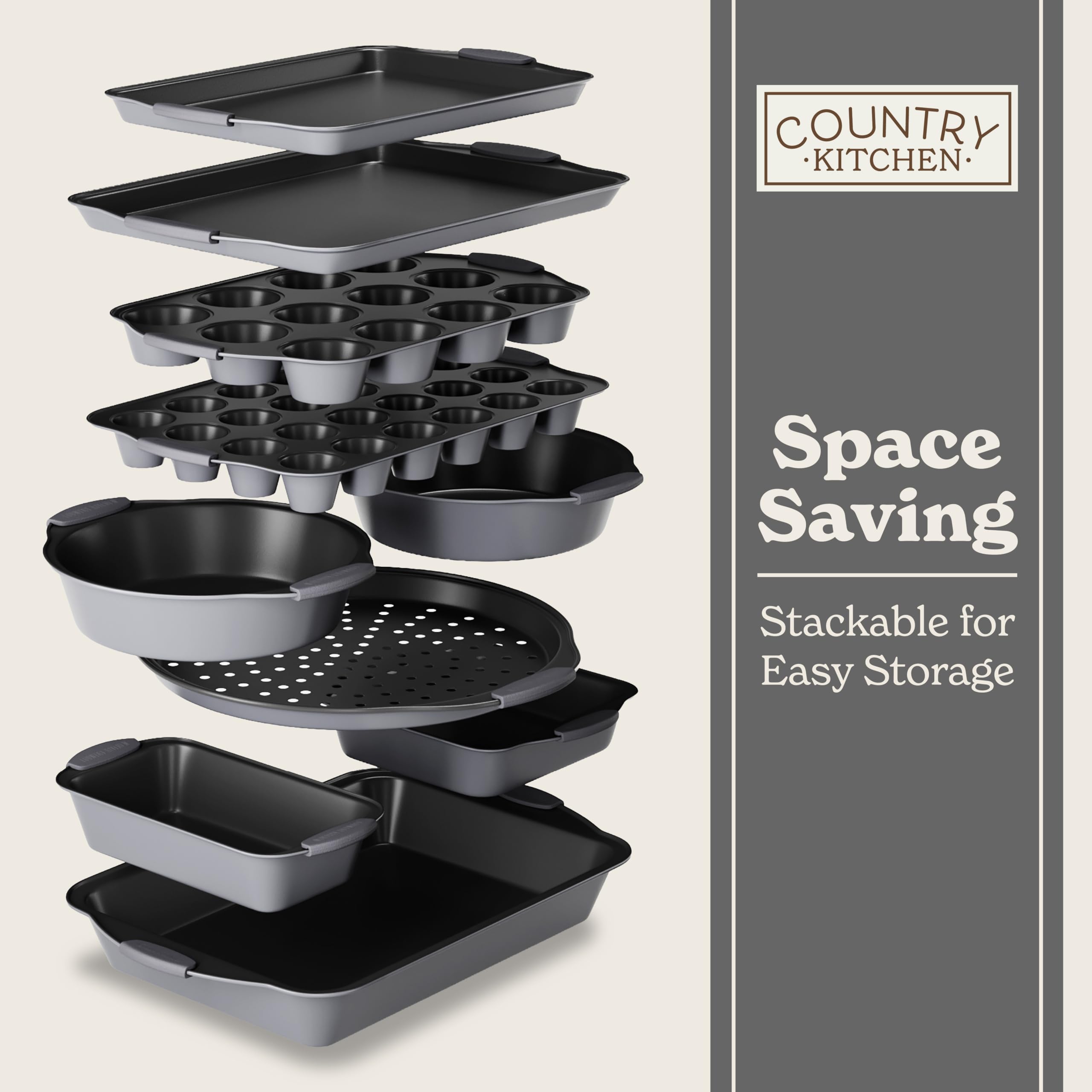 Country Kitchen Nonstick Stackable Bakeware Set - Heavy Duty, Durable, Easy Release Baking Set, Grey, 10 Pcs