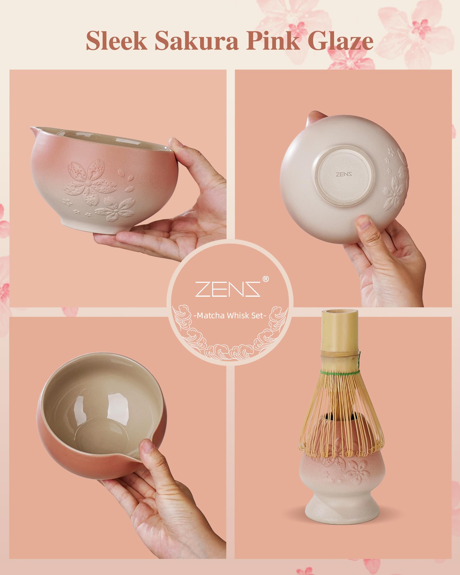 ZENS Matcha Whisk Set, 6pcs Matcha Kit Set with Matcha Bowl, Bamboo Whisk & Scoop, Chasen Holder, 304 Stainless Steel Sifter, Tea Mat for Japanese Tea Ceremony- Pale Pink