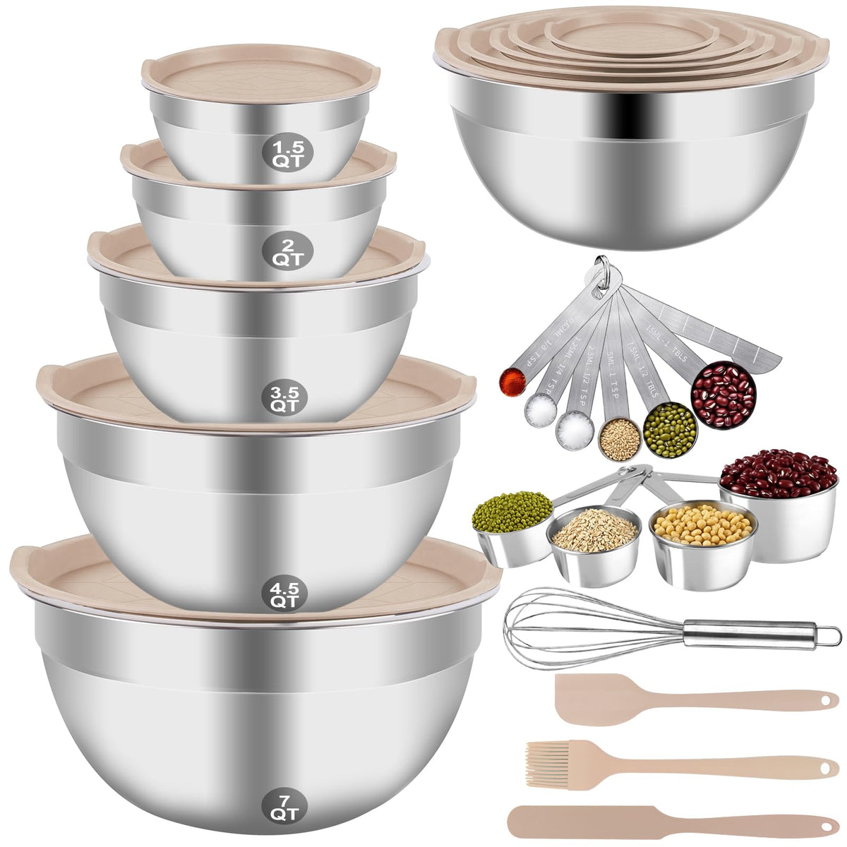 WEPSEN Mixing Bowls Set, 25PCS Stainless Steel Mixing Bowl with Lid Set, Large Nesting Bowls 7, 4.5, 3,2, 1.5QT, Measuring Cups and Spoons Baking Utensils Metal Bowl for Kitchen Prep